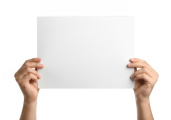 Hands holding blank white cardstock paper sheet sign advertisement template mockup presentation isolated on transparent background