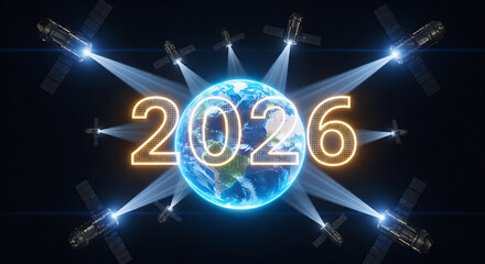 Glowing 2026 Number in Front of Earth with Satellites in Outer Space)