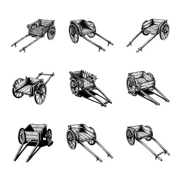 Set of Old Wooden Carts in Engraving Style Illustrations