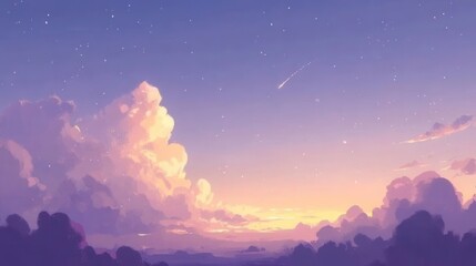 Dreamy twilight sky painted with vibrant clouds, a lone shooting star streaks across the serene expanse.