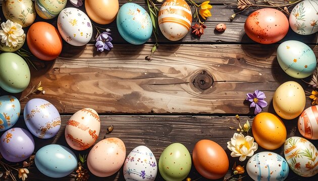 Colorful Easter eggs arranged on rustic wooden surface - Powered by Adobe