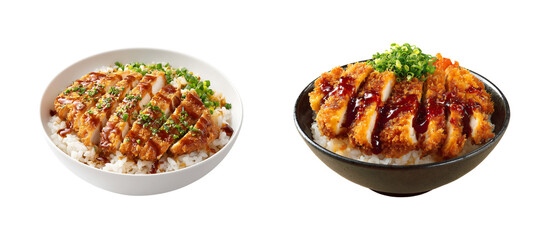 Sliced Crispy Chicken Katsu Donburi Bowl with Sauce and Green Onions on White Rice isolated on transparent background © PNG HAP HAP