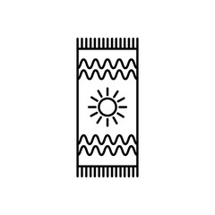 Line art of a rectangular beach towel with fringe wavy line patterns and a sun design at center