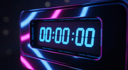 Futuristic Digital Clock Display Showing Zero Time in Blue and Purple Neon Light