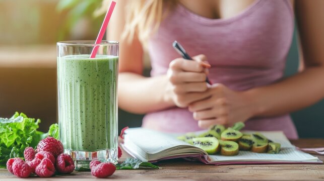A woman writing in a notebook with a green smoothie and fruits on a wooden table.