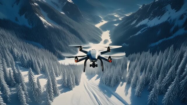 A modern quadcopter drone flying over a breathtaking snow-covered mountain range during a sunny day.