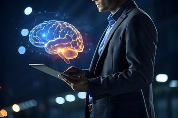 Man with futuristic holographic brain interface on tablet