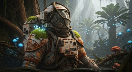 Astronaut in Alien Jungle: Rusty Suit, Bioluminescent Flora, Atmospheric Exploration.