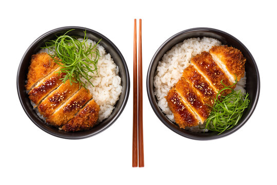 Symmetrical Katsu Don Bowls: Crispy Japanese Pork Cutlet and Rice isolated on transparent background