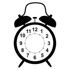 Solid Black Silhouette Vector Icon of a Classic Twin-Bell Alarm Clock with a Blank Face for Text or Numbers.