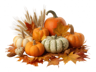Thanksgiving decoration Autumn harvest basket with pumpkins, pine cone, and wheat isolated