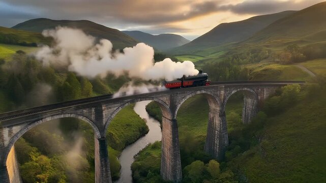 A vintage steam train chugs across a magnificent arched viaduct, nestled within a dramatic and verdant mountain valley at dawn.