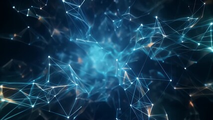 An abstract visualization of a futuristic digital network with glowing nodes and interconnected lines on a dark background. - Powered by Adobe