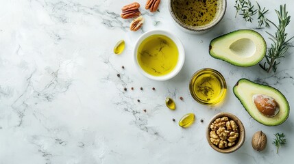 A bowl of avocado oil with a sprig of rosemary on a marble countertop.