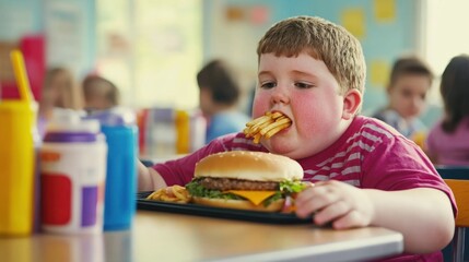 A young boy eating a large cheeseburger with fries in a fast-food restaurant.
