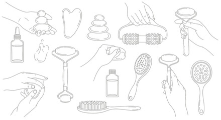 set of hand drawn vector illustration of a woman with a brush