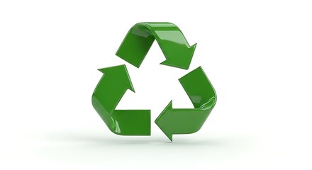 A 3D rendering of the green recycling symbol with three chasing arrows, representing the concept of sustainability, environmental protection, and waste management on an isolated white background