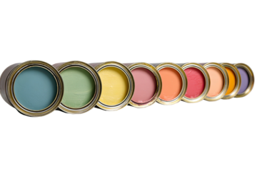 Paint cans open, lined up, rainbow hues, isolated