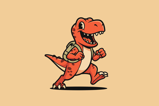 Happy Red Dinosaur Running with Backpack Cartoon Illustration.