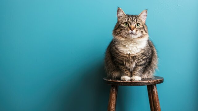 A fluffy tabby cat sitting on a wooden stool against a blue background. - Powered by Adobe