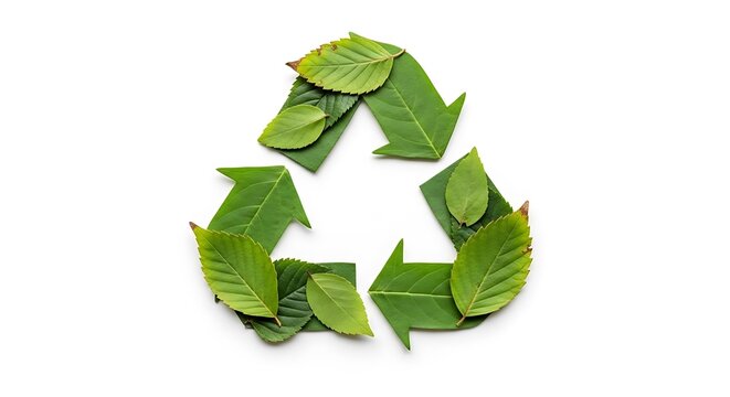 Universal recycling symbol made from fresh green leaves, symbolizing environmental sustainability, ecological responsibility, and a dedication to a greener, circular economy