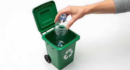 Hand placing a used plastic water bottle into a green recycling bin, demonstrating responsible waste management and environmental consciousness