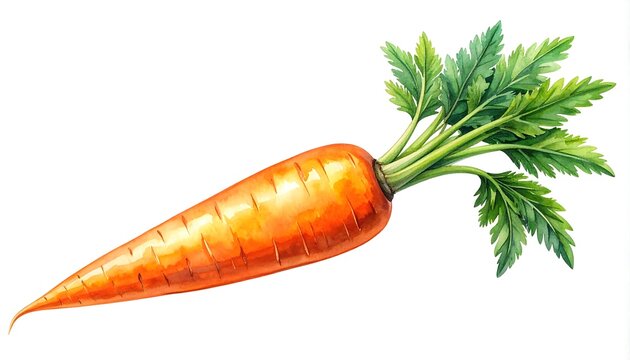 Watercolor depiction of a single, vibrant, orange carrot with leafy green top