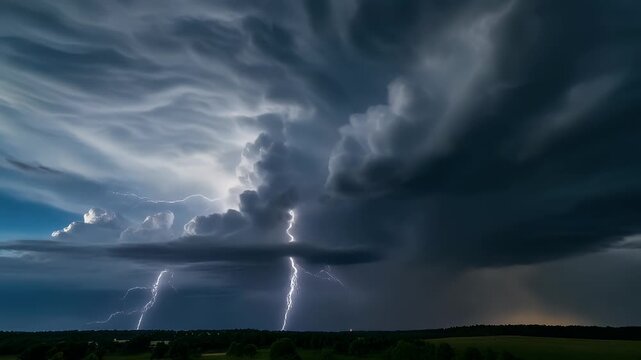 A magnificent and turbulent supercell thunderstorm with dramatic cloud formations gathering over a darkened rural landscape.