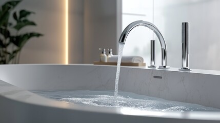 A modern, sleek bathroom faucet with a chrome finish, mounted on a white marble bathtub with a white surround.