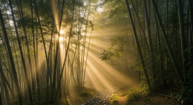 Sun rays through bamboo forest.