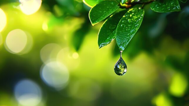 A water droplet hanging from a green leaf against a blurred green background.