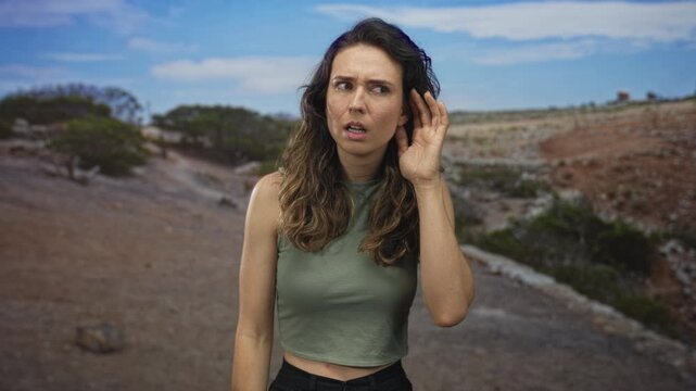 Woman squinting face with hand to ear listening in forest clearing on rocky ground beneath blue sky; curiosity.