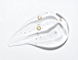 A close-up shot of a clear, gel-like substance arranged in a teardrop shape against a white backdrop. Bubbles are visible