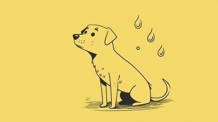 A yellow dog sitting on a yellow background with raindrops falling on it.