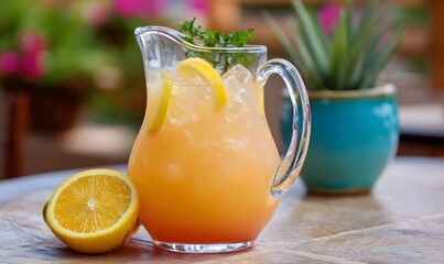 Fototapeta premium the punch Cazuela Voladora made with tequila, grapefruit juice, orange juice, lime juice, lemon juice and grapefruit soda served in a pitcher