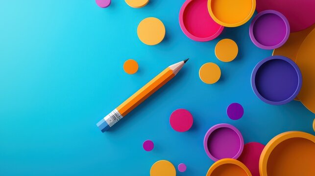 A pencil and colorful circles on a blue background.