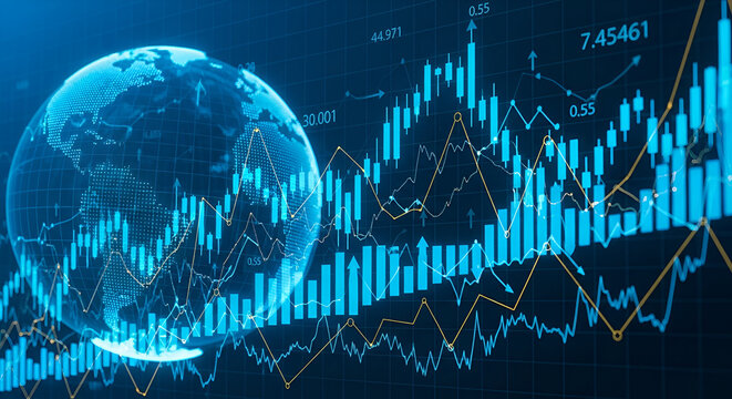 Global stock market data with earth and financial charts