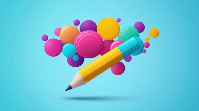 A colorful pencil with a cloud of colorful circles floating around it on a blue background. - Powered by Adobe