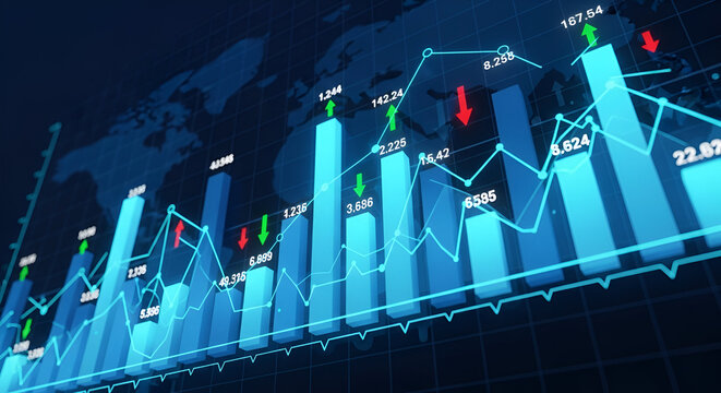 Blue Bar Chart with Up and Down Arrows and Trend Lines