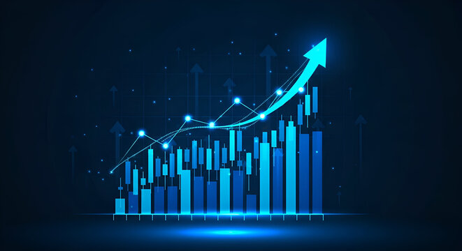 Blue Bar Chart with Upward Arrow and Glowing Dots stock market