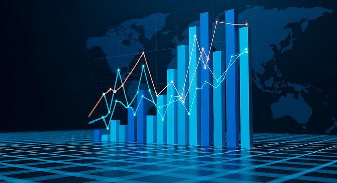 Blue bar chart with world map and orange and red line graphs