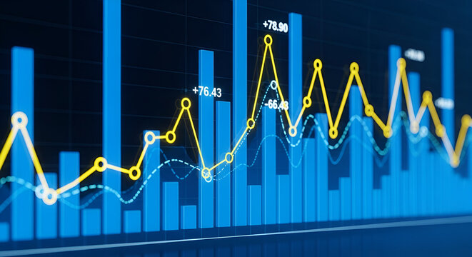 Blue Bar Chart with Yellow and White Trend Lines data