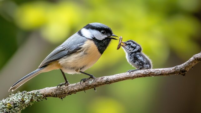 A black-capped chickadee bird with a baby chick on a branch with a green background.