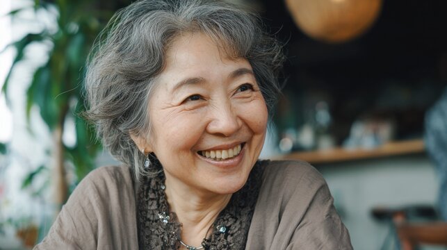 An elderly woman with soft gray hair smiles happily while seated at a cozy cafe table.