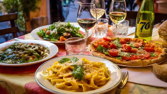 A vibrant table setting showcases authentic Italian cuisine with pasta, pizza, salad, and wine, inviting diners to enjoy a delicious meal in a charming setting.