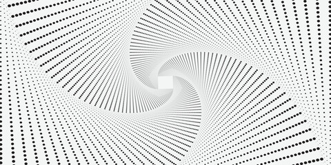 halftone optical illusion background. Black and white abstract geometric surface. Op art poster design. Torsion illusion wallpaper. Vector halftones