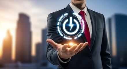 Businessman holding power icon with city skyline in the background