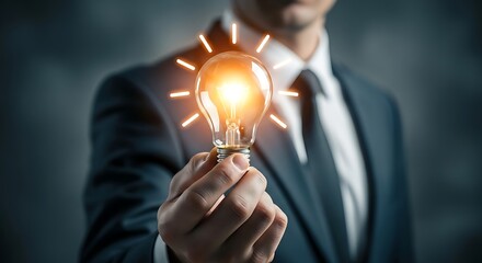 Man in suit holding glowing lightbulb as a symbol of innovation