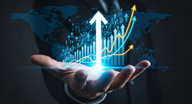 Hand displays upward financial growth chart with global map overlay