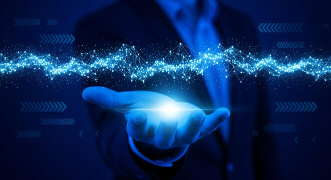 Hand holding glowing abstract digital network data stream